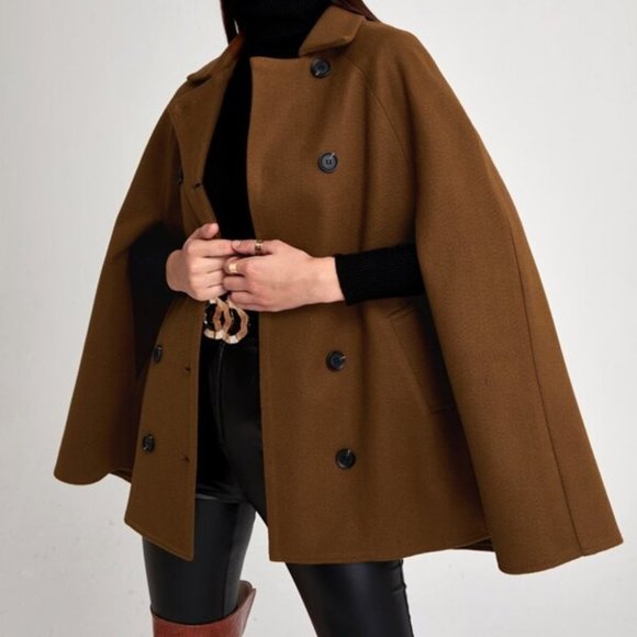 Cloak Sleeve Double Button Cape Coat brown - Picture 5 of 11
